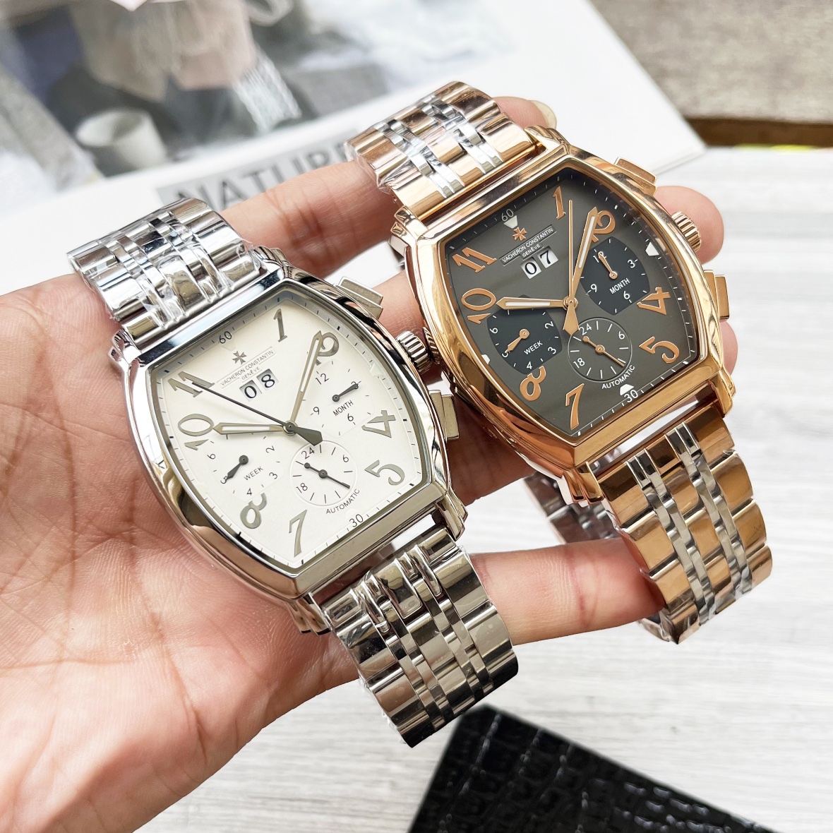 “High-End Men’s Wristwatch with White Gill, Gold P, and Steel Belt – New Design with High-End Features” - 图片 7