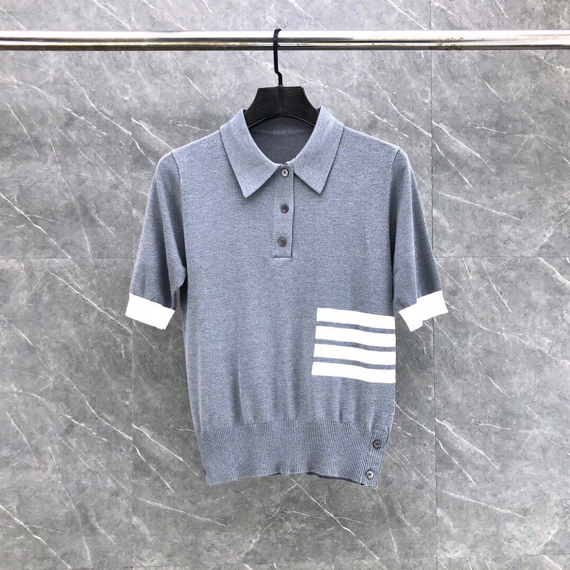 THOM BROWNE Polo T-shirt Collection: Blue, Grey, White Colors, Height Details in Report - 图片 1