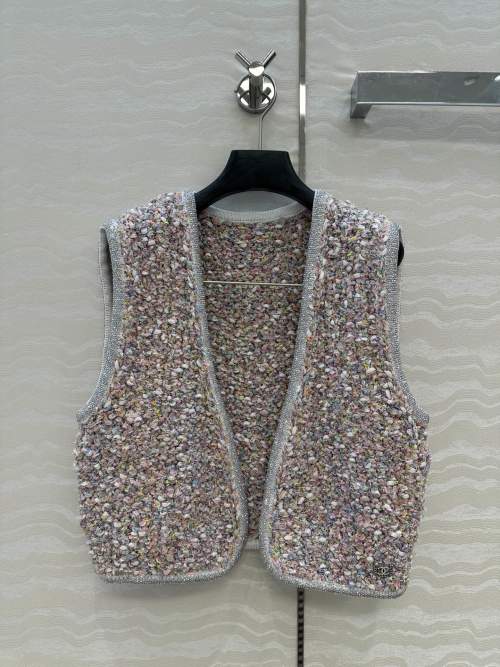 Chanel Inspired Tweed Vest, Sleeveless Knitwear with Jewel Detail, Classic H Cut 1 Chanel Inspired Tweed Vest, Sleeveless Knitwear with Jewel Detail, Classic H Cut