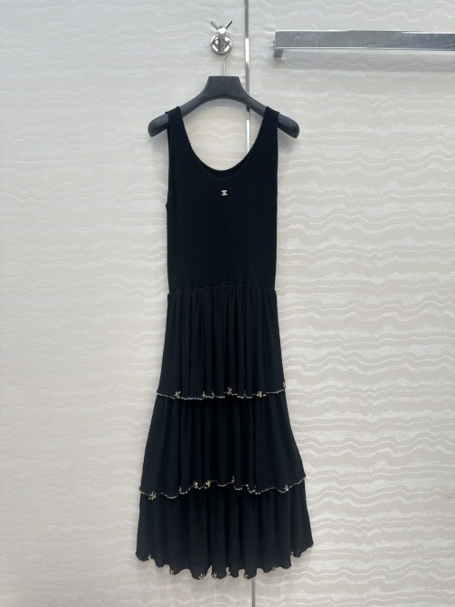 Chanel Black Cotton-Linen Tiered Dress with Hand-Embroidered Details 1 Chanel Black Cotton-Linen Tiered Dress with Hand-Embroidered Details