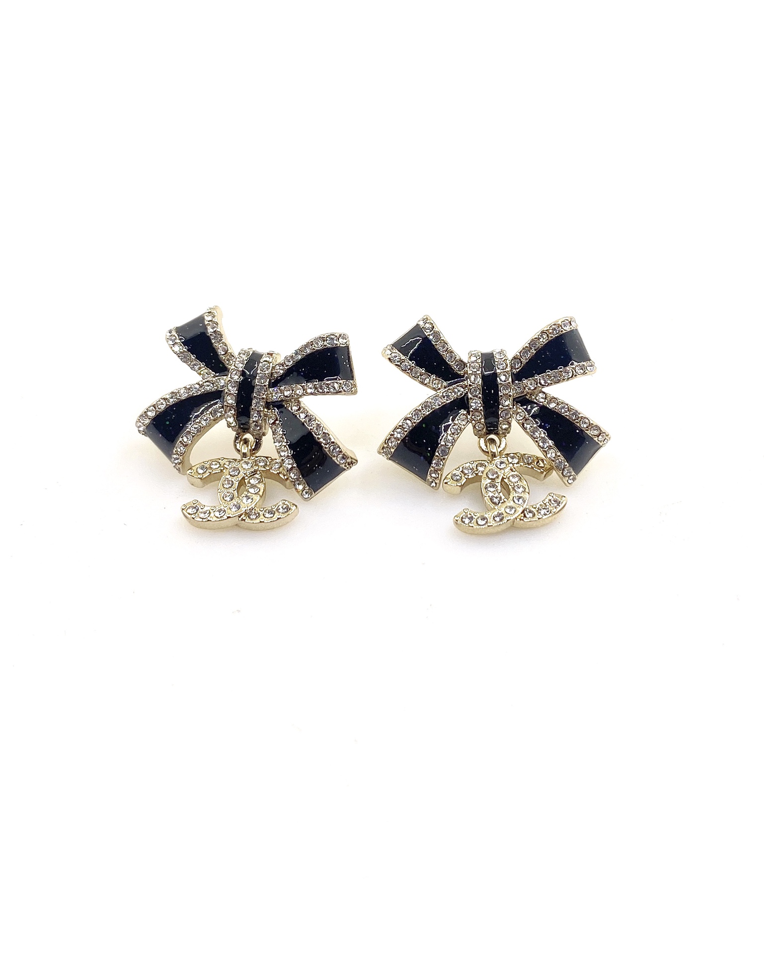 Elegant Chanel Black Bow Earrings with Gold-Tone Finish and Crystal Accents