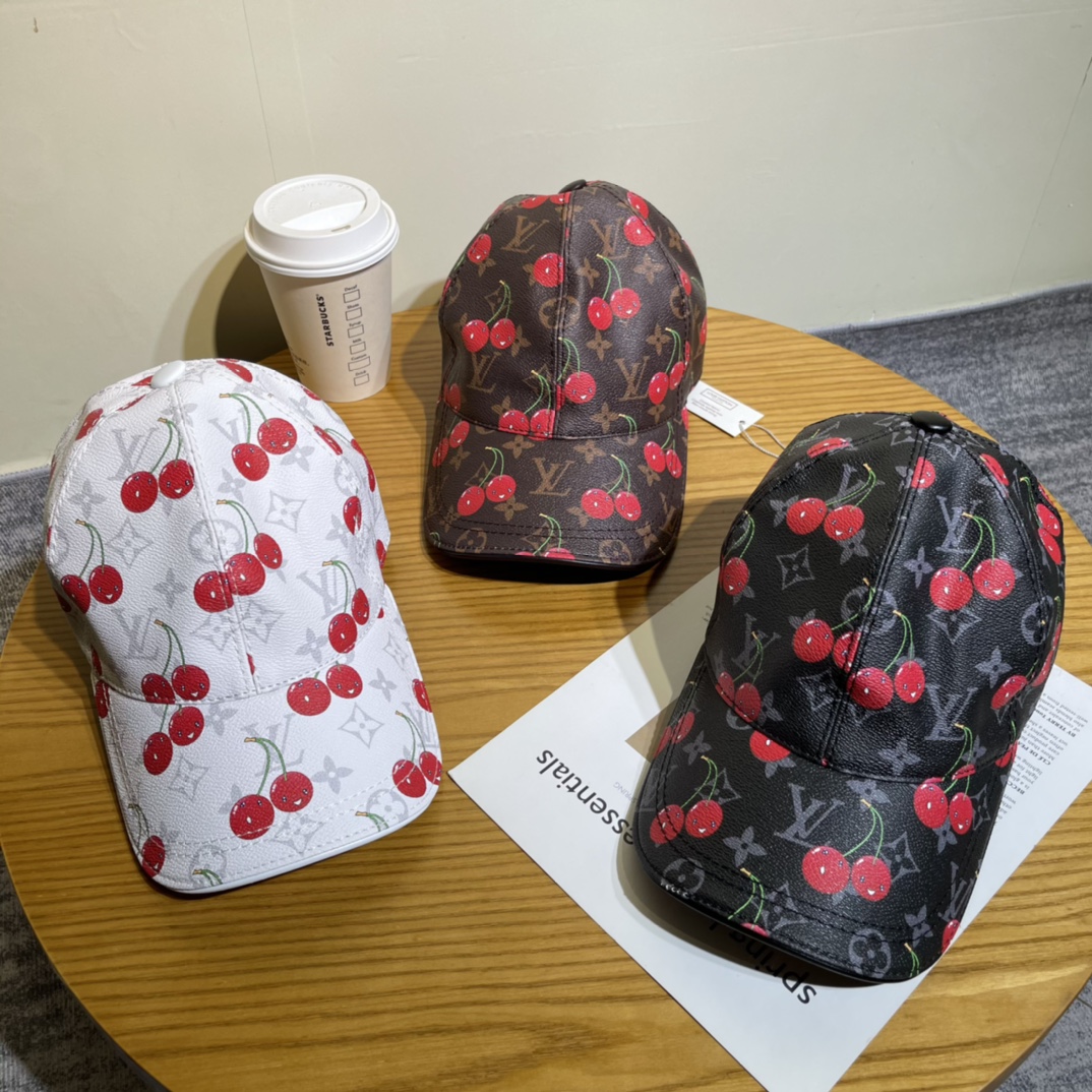 Louis Vuitton Leather Baseball Cap with Cherry Print - Stylish & Trendy