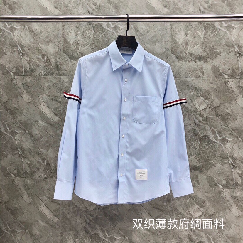 THOM BROWNE Double-Weave Silk Long-Sleeve Shirt in White and Sky Orchid – Height Required