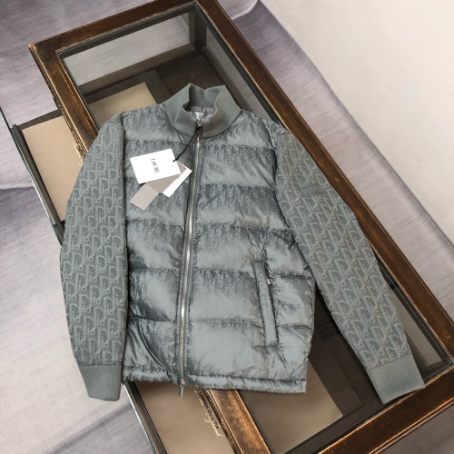 Dior Oblique Logo Jacquard Wool Knit Down Jacket Stand Collar, Gray Blue 1 Dior Oblique Logo Jacquard Wool Knit Down Jacket Stand Collar, Gray Blue