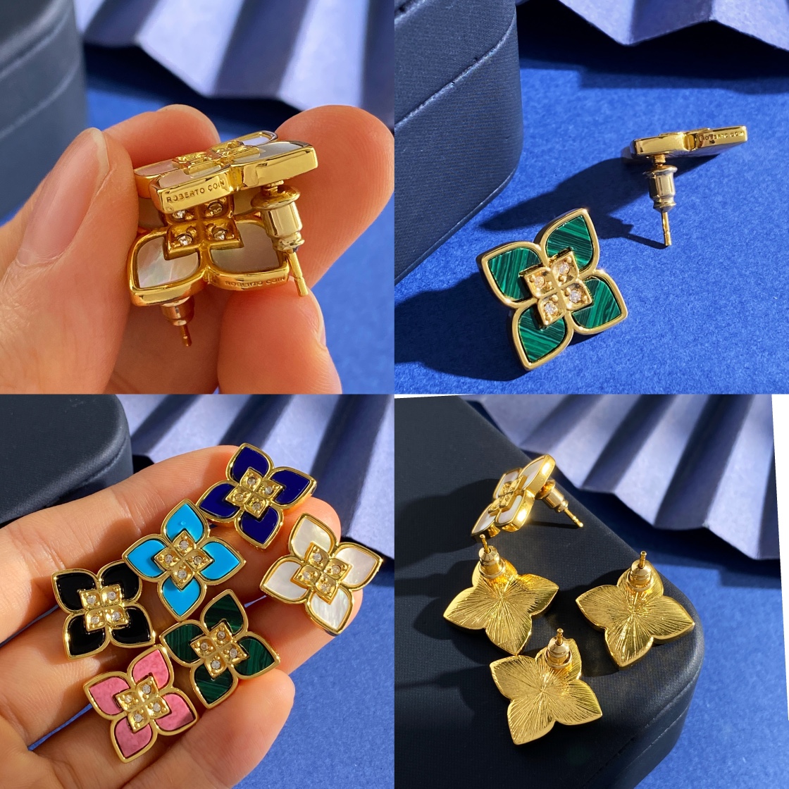 RC80 65 65Roberto Coin珂瑛 贝壳玛瑙镶钻四瓣花 四叶花耳钉 黄铜材料电镀18k黄金