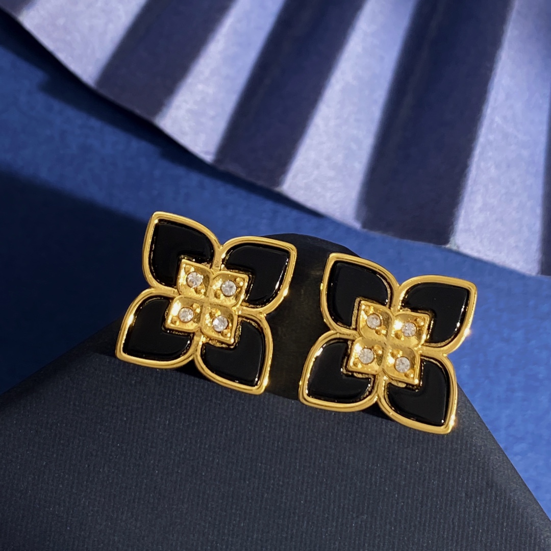 RC80 65 65Roberto Coin珂瑛 贝壳玛瑙镶钻四瓣花 四叶花耳钉 黄铜材料电镀18k黄金
