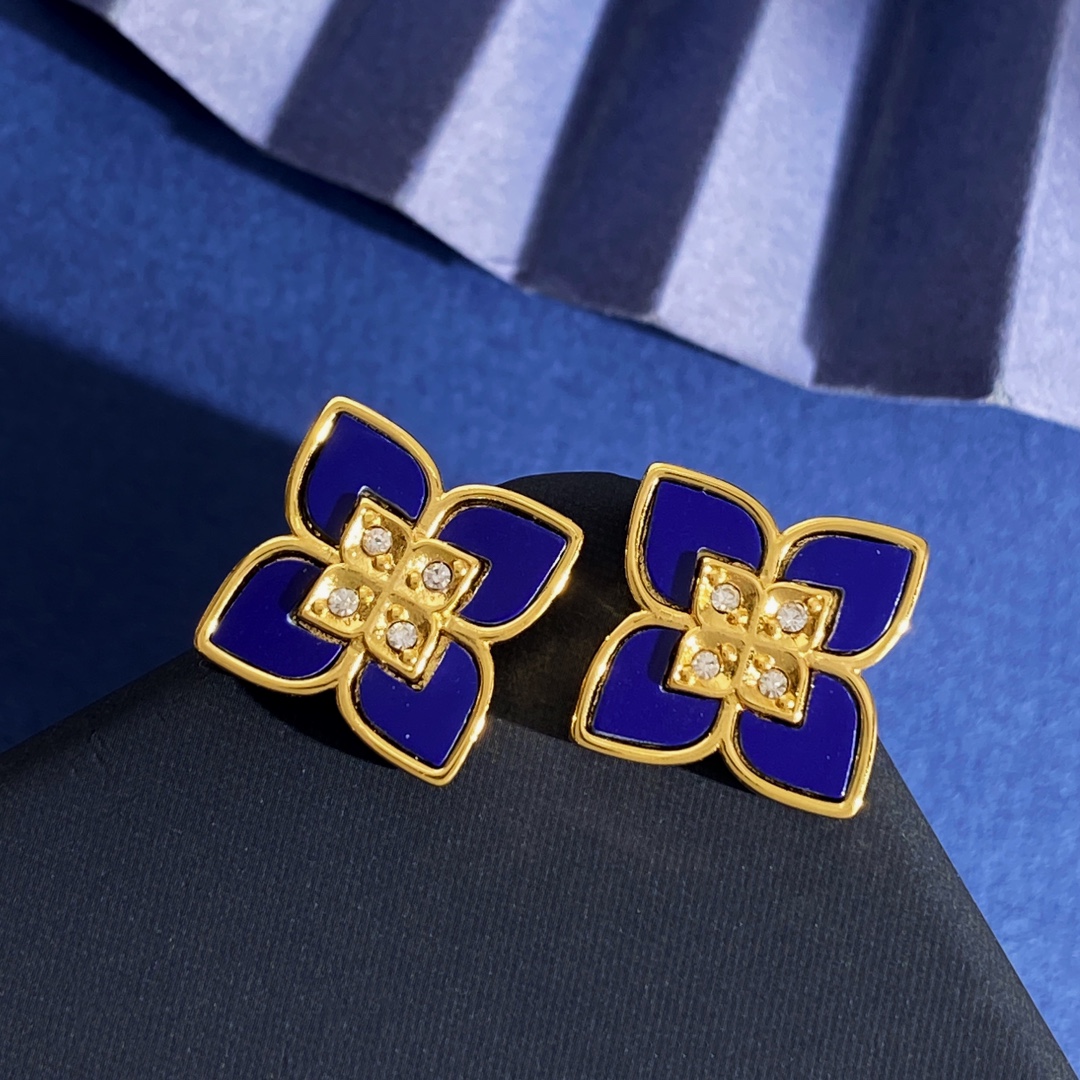 RC80 65 65Roberto Coin珂瑛 贝壳玛瑙镶钻四瓣花 四叶花耳钉 黄铜材料电镀18k黄金