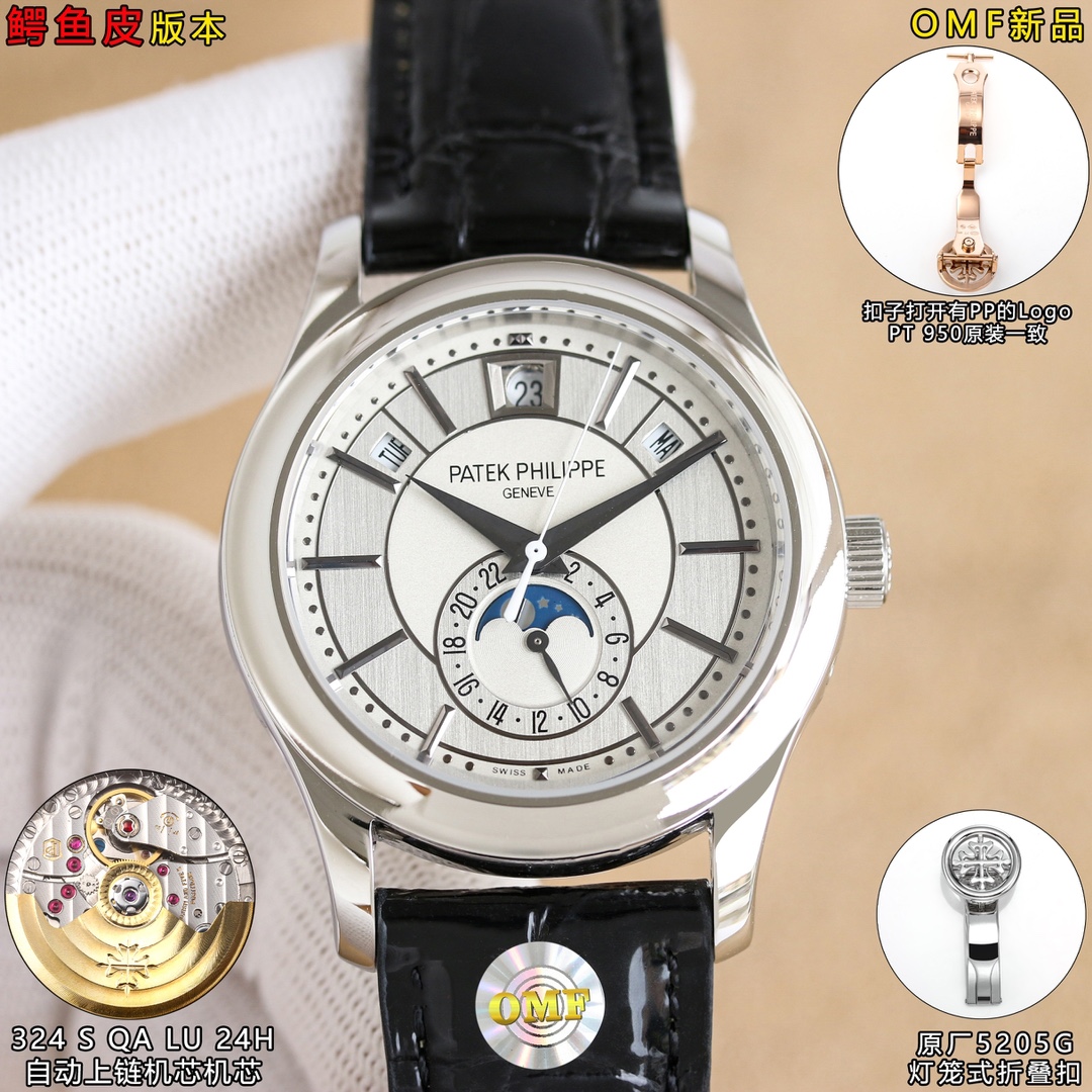 NO:340299,White and gold OMF new crocodile leather version PP Patek Philippe complex multifunction watch is available online. It has a new work with exquisite art and practical functions. Function introduction: 12-digit display date, 11-digit display week, and 1-digit display month. The direction of 6 o'clock is 24-hour small seconds hand and moon phase function display. 1 40mm case is still made of classic 316 steel, and the small buttons on the edge of the shell are easy to adjust the week and month functions. The hollow design on the middle layer is a brand-specific aesthetic design since Patek Philippe's history. 2 Two-color sun-glow dial presents a charming gradient in light. The pointer is optimized to a three-dimensional three-faceted sword-shaped needle based on OEM. 3-caliber movement stability is Patek Philippe's strength, using the 324 S QA LU 24H model automatic winding movement  The movement function has date display, week display, month display, 24 o'clock and moon phase display, 4 straps, OMF factory's workmanship and materials are strictly controlled, and high-quality crocodile leather watch is hand-sewn to set off, and the feel is first-class. 5 buckle original 5205G lantern-style folding buckle, the button opens with PP logo, and the other side has PT, original consistent model. OMF factory crocodile leather version Patek Philippe complex multifunctional men's watch, elegance is full of toughness, presenting a unique charm.,,patek philippe,crocodile skin19860909白 金 OMF新品鳄鱼皮版本 PP百达翡丽复杂多功能腕表全线上市 兼具精巧艺术和实用功能的时代新作 功能介绍12位显示日期,11位显示星期,1位显示月份.6点钟方向则为24时小秒针和月相功能显示. 1表壳40mm还是采用了经典的316钢水制作而成,壳边精小按钮便于调校星期和月份功能. 中层四边运用了镂空的设计是百达翡丽历史以来彰显品牌专属的美学设计. 2双色调日辉纹表盘在光线下呈现出迷人的渐变. 指针在大厂代工的基础上优化为立体的三刻面剑型针. 3机芯复杂多功能机芯的稳定性是百达翡丽的强项,采用了324 S QA LU 24H型号的自动上链机芯 机芯功能有日期显示 星期显示 月份显示 24时和月相显示 4表带OMF厂做工用料严格把控,用手工缝制优质鳄鱼皮表带来衬托,手感一流. 5表扣原厂5205G灯笼式折叠扣,扣子打开有PP的Logo另一侧有PT 原装一致型号. OMF厂鳄鱼皮版本百达翡丽复杂多功能男士腕表 优雅当中不乏硬朗之气,呈现出独具一格的魅力.,,patek philippe,crocodile skin,Watch