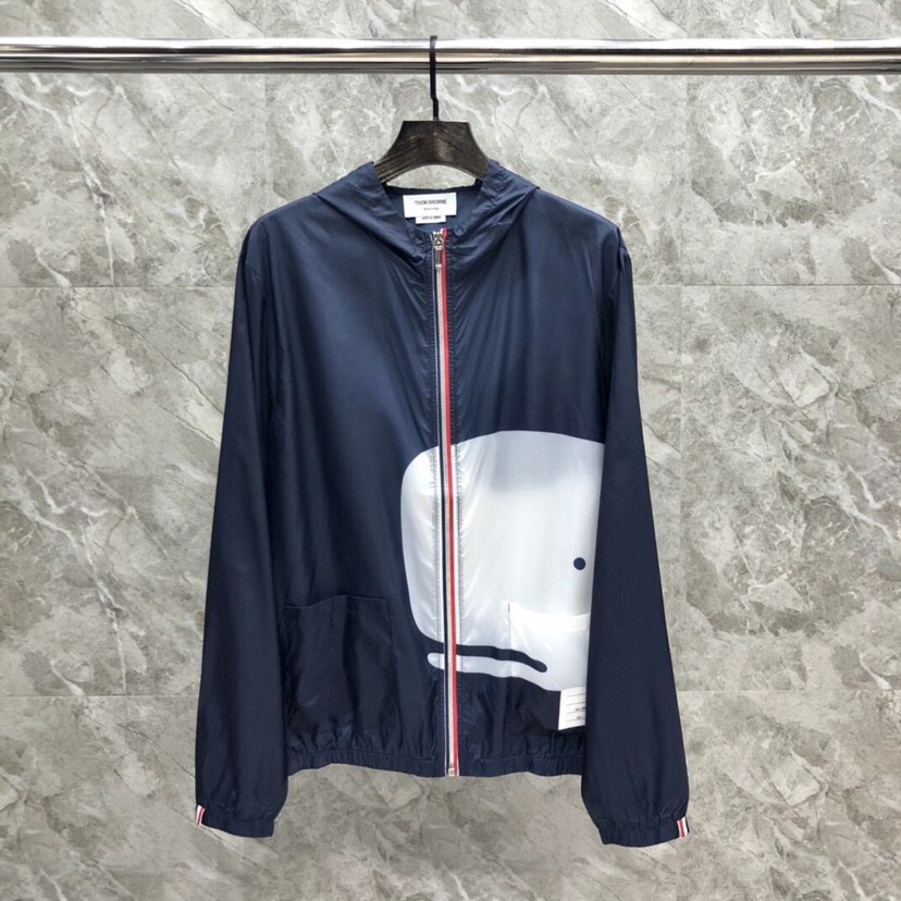 “THOM BROWNE Whale Sunscreen Jackets in White and Blue”