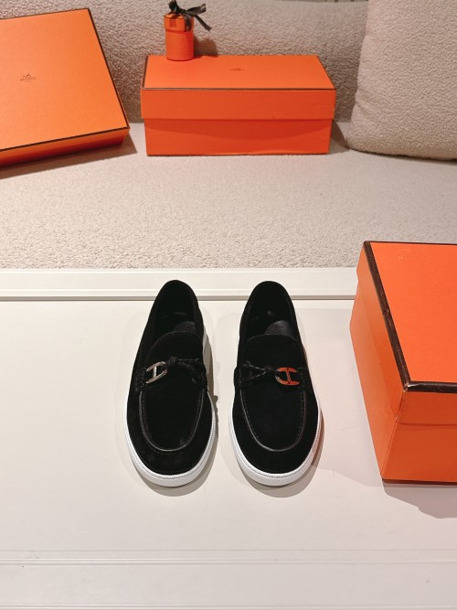 Hermes Ignacio Loafers Black Leather Couple Shoes With Chaine d'Ancre Buckle