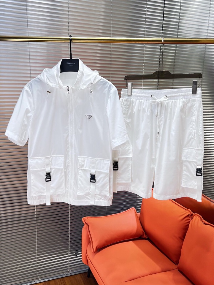 “Prada Men’s Logo Re-Nylon Bermuda Shorts and Hat Suit: High-Density Nylon Customization”