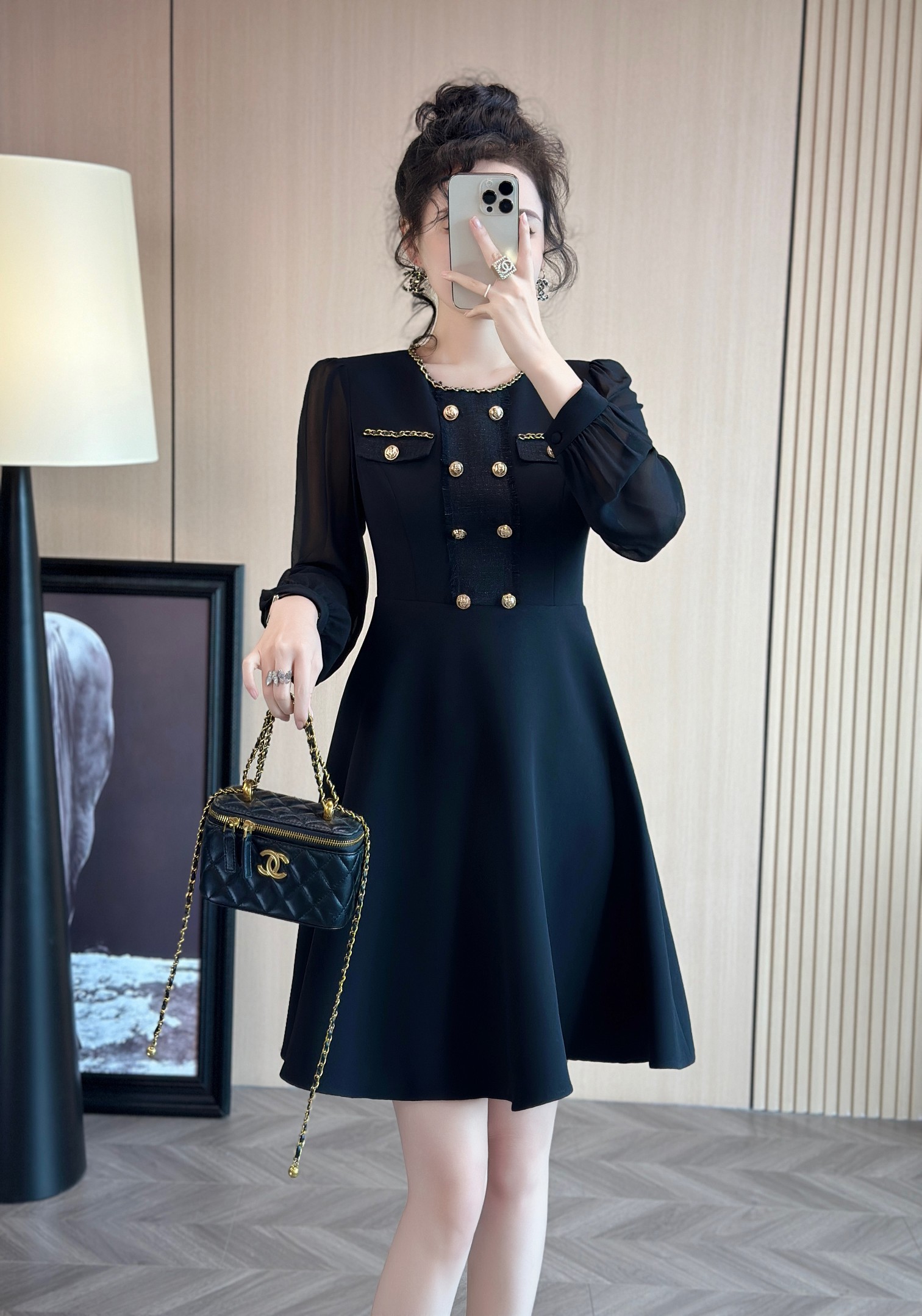 Elegant Women's A-Line Dress with Long Sleeves and Gold Button Accents