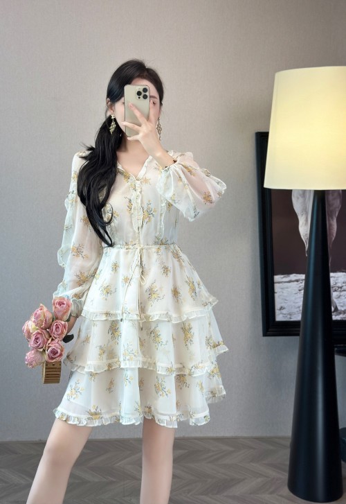 Floral Print Tiered Ruffle Mini Dress, Long Sleeve V Neck Chiffon Dress 1 Floral Print Tiered Ruffle Mini Dress, Long Sleeve V Neck Chiffon Dress