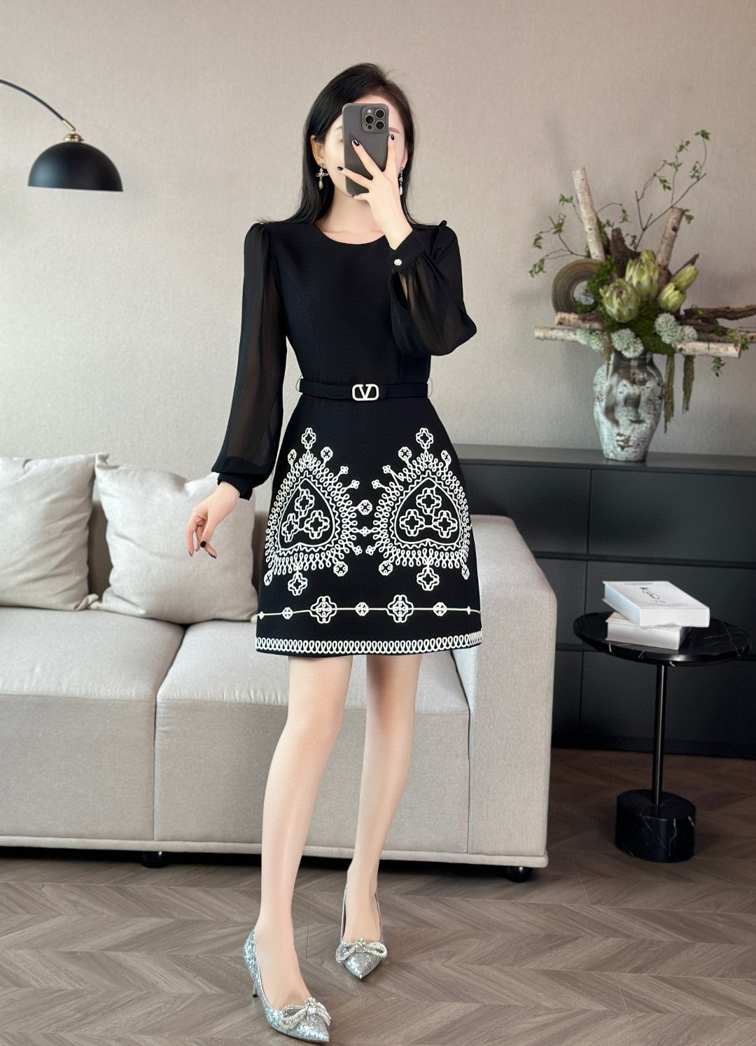 Elegant Embroidered Fit and Flare Dress with Belt - Autumn Collection 4 a1755054998172 0604