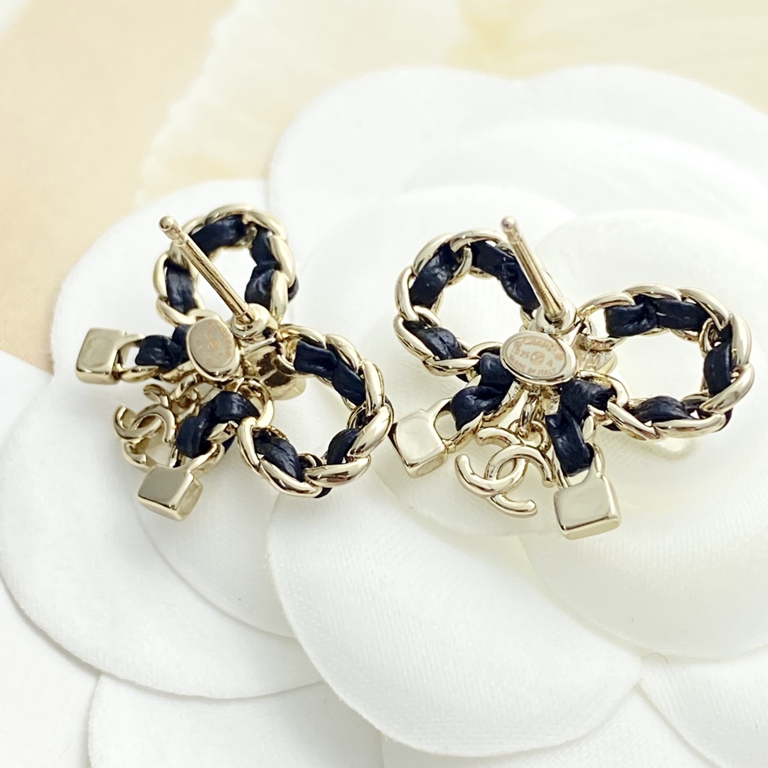 Chanel Bow Earrings with Leather and Star Diamond Accent, Gold Finish 6 i1755065841 1336 4