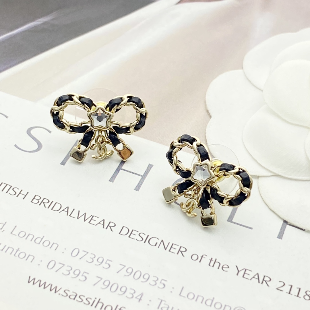 Chanel Bow Earrings with Leather and Star Diamond Accent, Gold Finish 7 i1755065841 3563 6