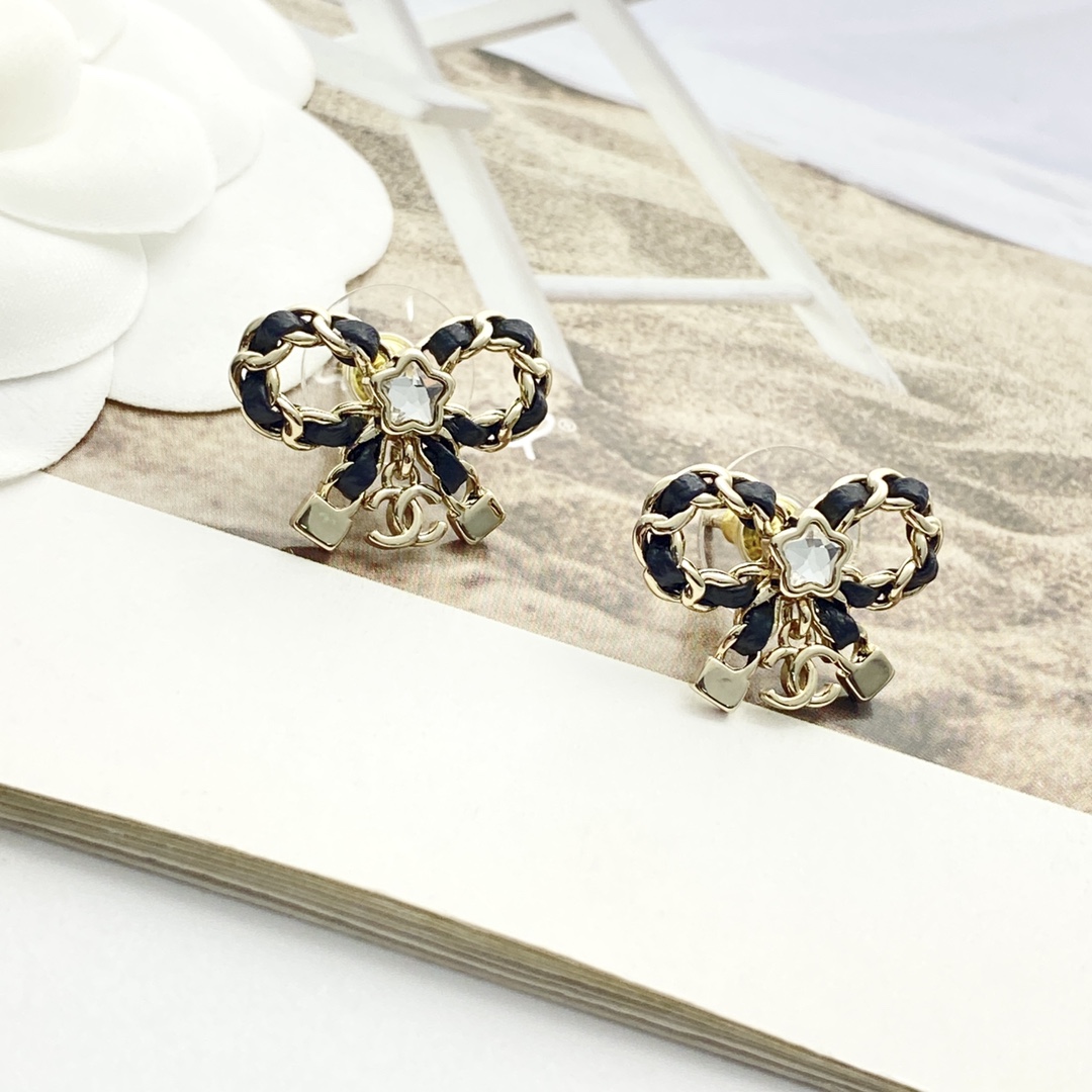 Chanel Bow Earrings with Leather and Star Diamond Accent, Gold Finish 5 i1755065841 5435 2