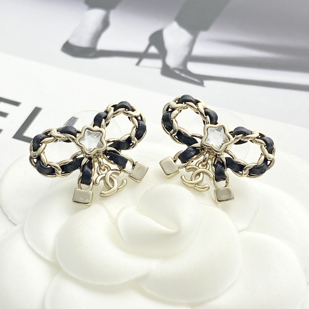Chanel Bow Earrings with Leather and Star Diamond Accent, Gold Finish 4 i1755065841 5663 1