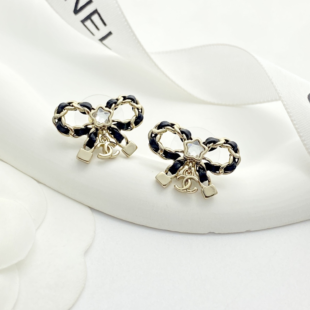 Chanel Bow Earrings with Leather and Star Diamond Accent, Gold Finish 2 i1755065841 6809 3