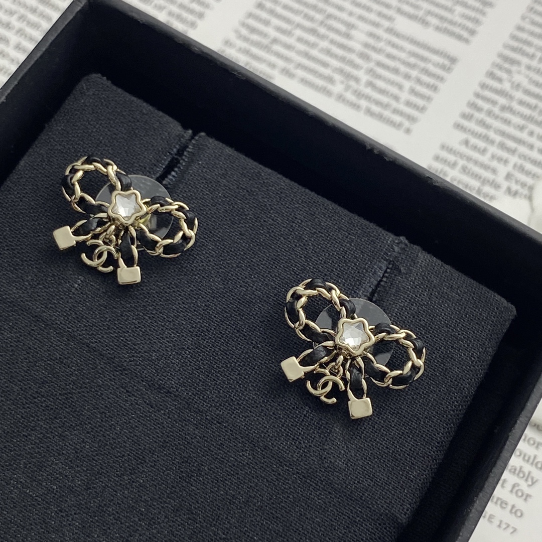 Chanel Bow Earrings with Leather and Star Diamond Accent, Gold Finish 9 i1755065841 7885 5