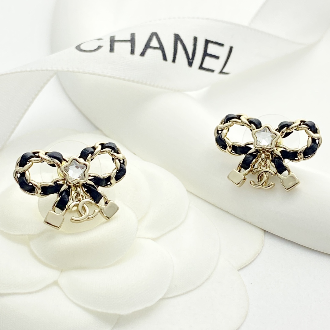 Chanel Bow Earrings with Leather and Star Diamond Accent, Gold Finish 3 i1755065841 8880 0
