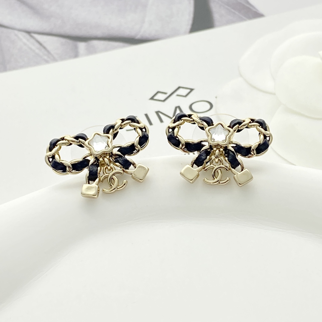 Chanel Bow Earrings with Leather and Star Diamond Accent, Gold Finish 8 i1755065841 9302 7