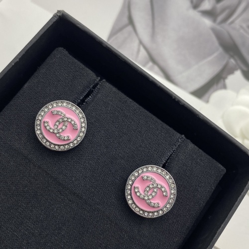 Chanel Pink & Black Enamel Round Earrings with Rhinestone Accents