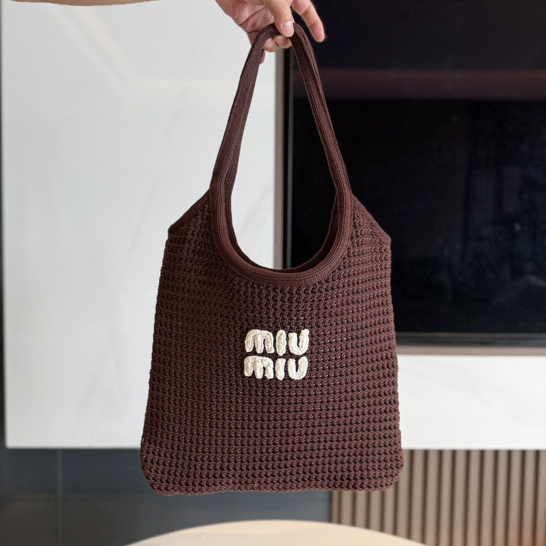 P670 original Miu new style woven tote bag with cotton thread, unique hollow knitted texture design, inner canvas linin…