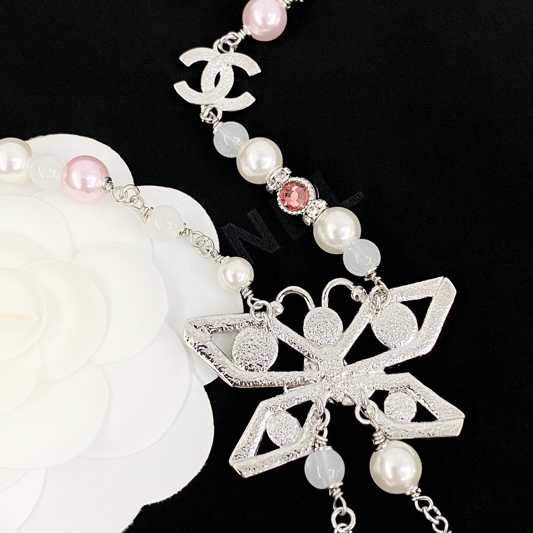 Chanel Silver Butterfly Pink Crystal Beaded Tassel Necklace 5 i1755499171 4403 4