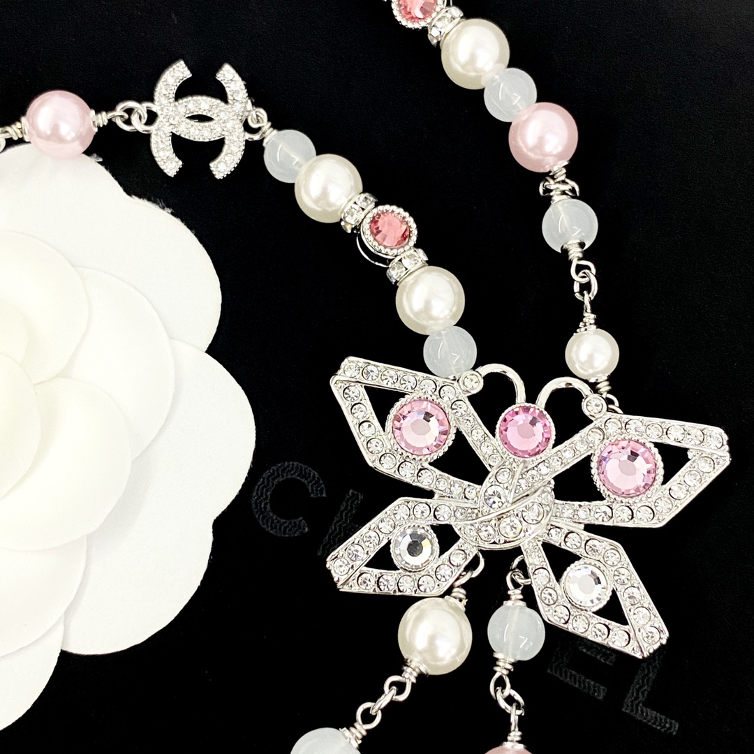 Chanel Silver Butterfly Pink Crystal Beaded Tassel Necklace 3 i1755499171 7566 2