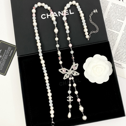 Chanel Silver Butterfly Pink Crystal Beaded Tassel Long Necklace