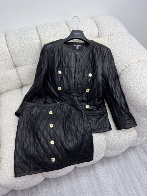 Balmain Quilted Leather Jacket and Skirt Set with Gold Button Details 1 Balmain Quilted Leather Jacket and Skirt Set with Gold Button Details