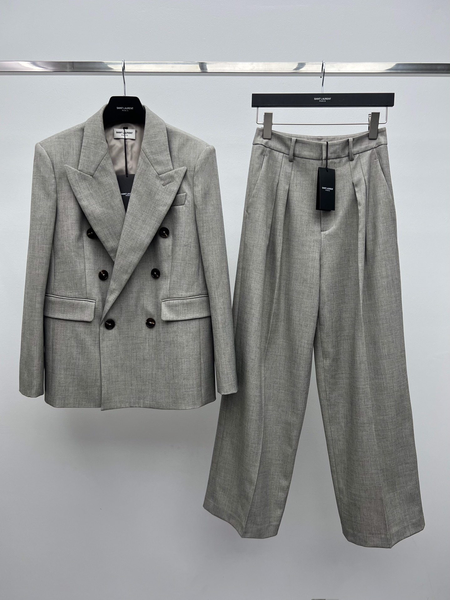 “Saint Laurent Light Gray Suit with Classic Contour Pad Shoulder and High Waist”