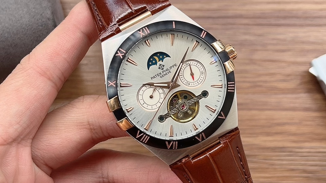 Patek Philippe Geneve Automatic Watch with Brown Leather Strap and Moon Phase