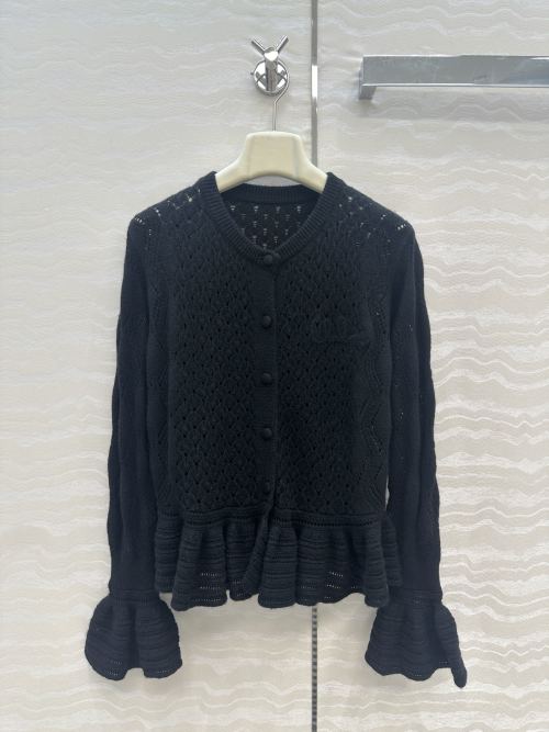 Chic Crochet Cardigan with Ruffle Hem and Bell Sleeves - Elegant Knitwear