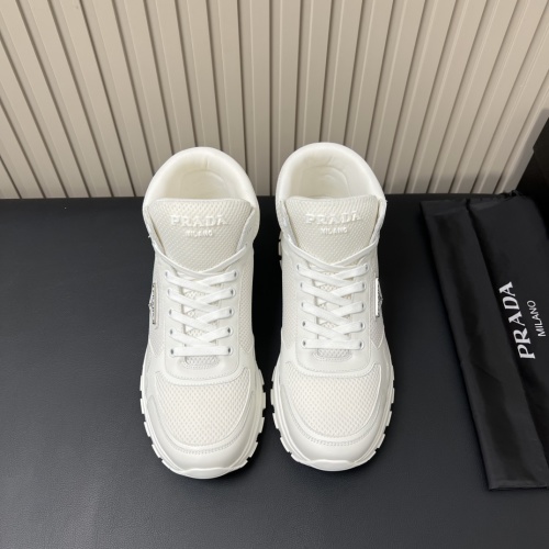 Prada Men's High-Top Sneakers in White Mesh and Leather, Lace-Up Style 1 Prada Men's High-Top Sneakers in White Mesh and Leather, Lace-Up Style
