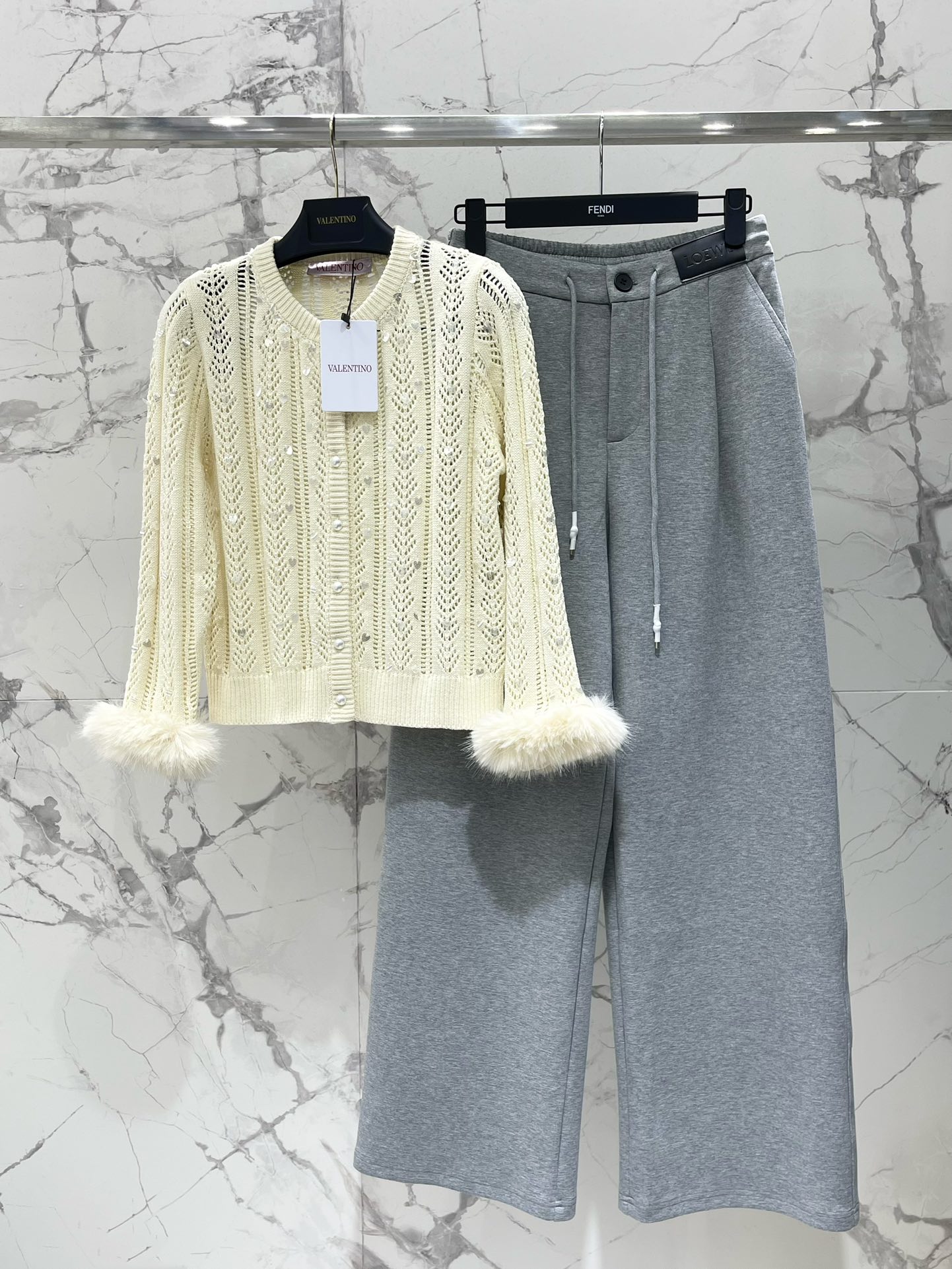 Valentino Embellished Fur Cuff Knit Cardigan Sweater, Women's Size S-L