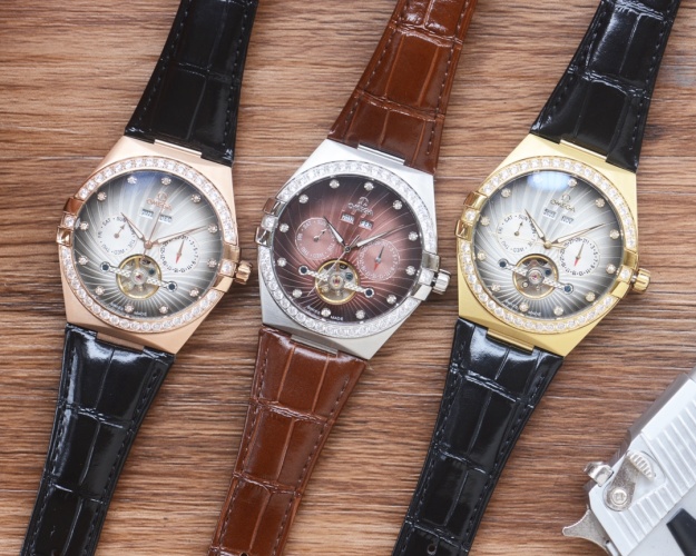 Omega Men's Automatic Multifunction Watch with Leather Band and Diamond Accents 1 Omega Men's Automatic Multifunction Watch with Leather Band and Diamond Accents