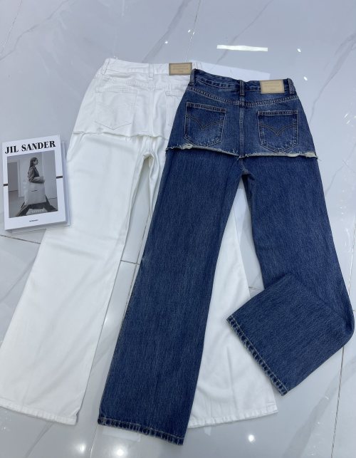 Two-Tone Denim Straight-Leg Jeans with Faux Layer Skirt, Blue and White 1 Two-Tone Denim Straight-Leg Jeans with Faux Layer Skirt, Blue and White