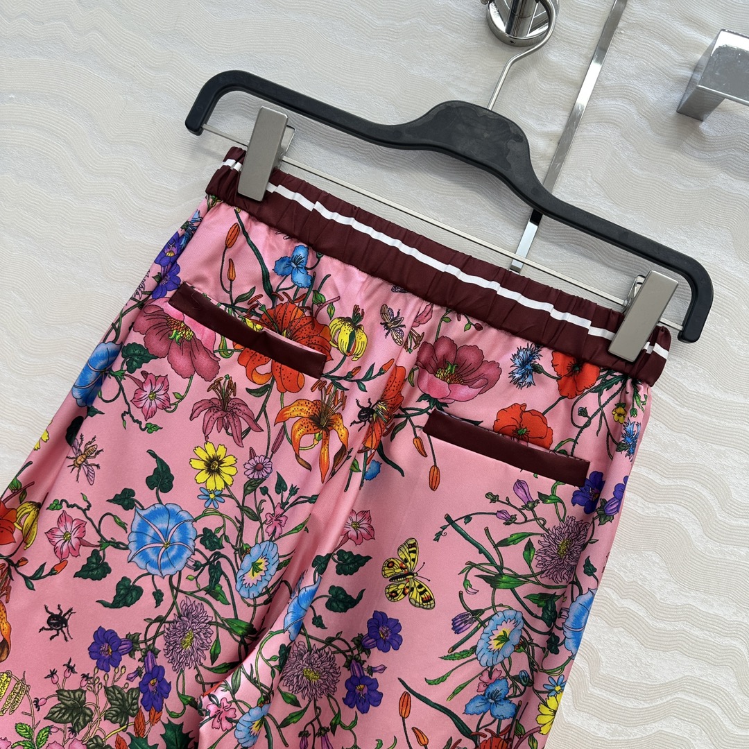 独家首发❤️原单品质💕GG浪漫度假印花真丝直筒裤！全定位对花工艺，100%真丝斜纹绸质感超赞！系带松紧腰