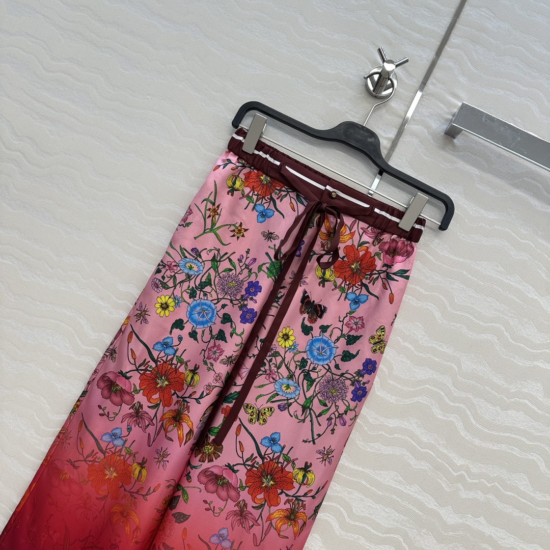独家首发❤️原单品质💕GG浪漫度假印花真丝直筒裤！全定位对花工艺，100%真丝斜纹绸质感超赞！系带松紧腰