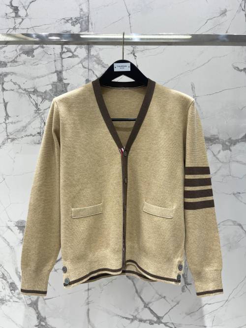 Thom Browne Women's V-Neck Cardigan Khaki Four-Bar Stripe Knitwear 11 Thom Browne Women's V-Neck Cardigan Khaki Four-Bar Stripe Knitwear