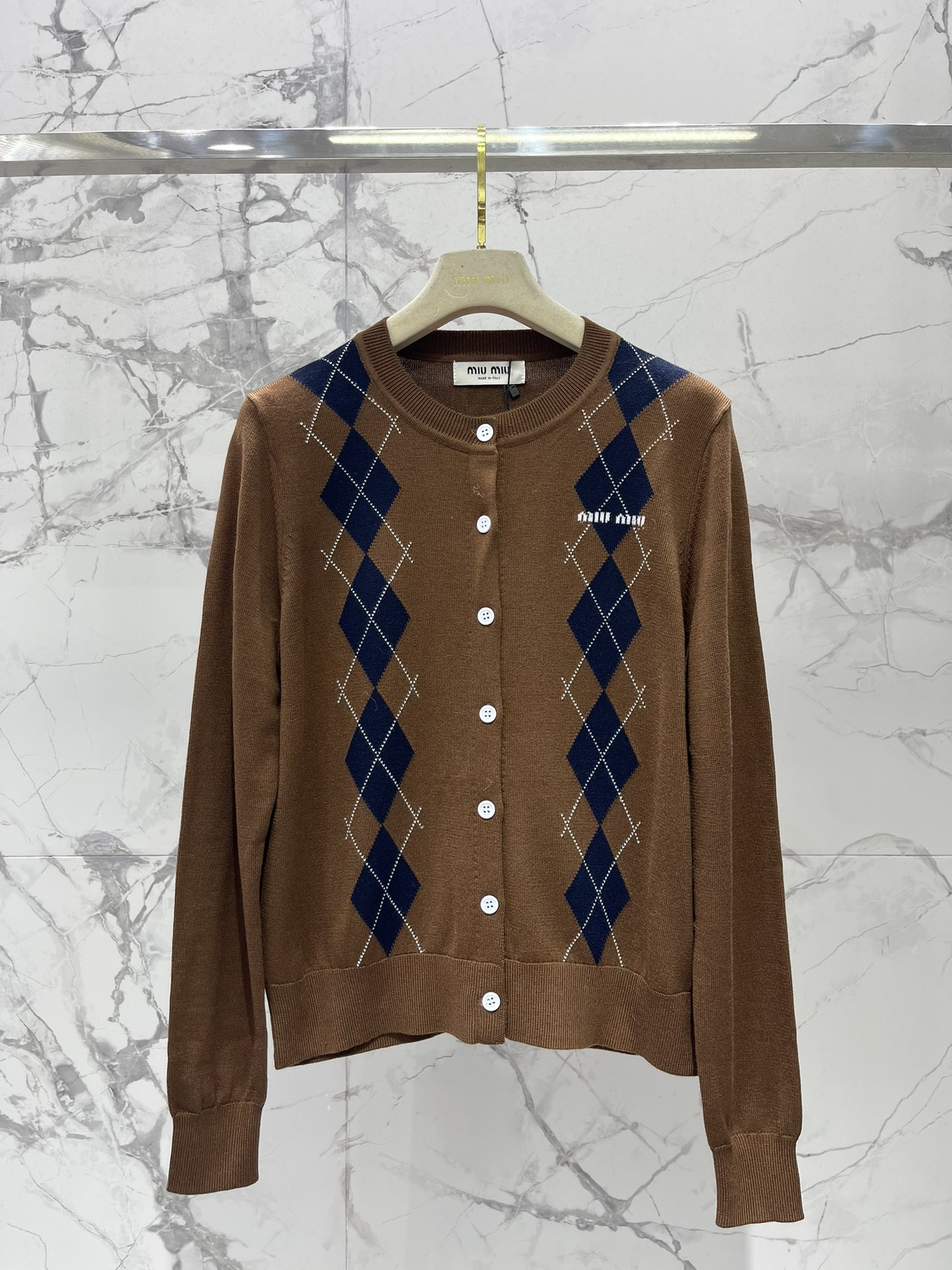 Miu Miu Oxford Stijl Argyle Gebreid Vest - Bruin, Wol, Dames