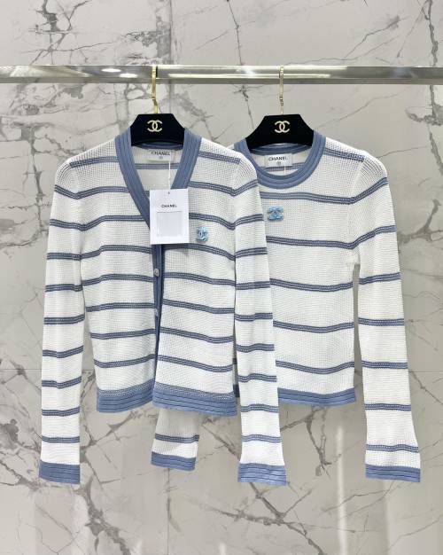 Chanel Striped Knitted Cardigan and Top Set, Blue/White 1 Chanel Striped Knitted Cardigan and Top Set, Blue/White