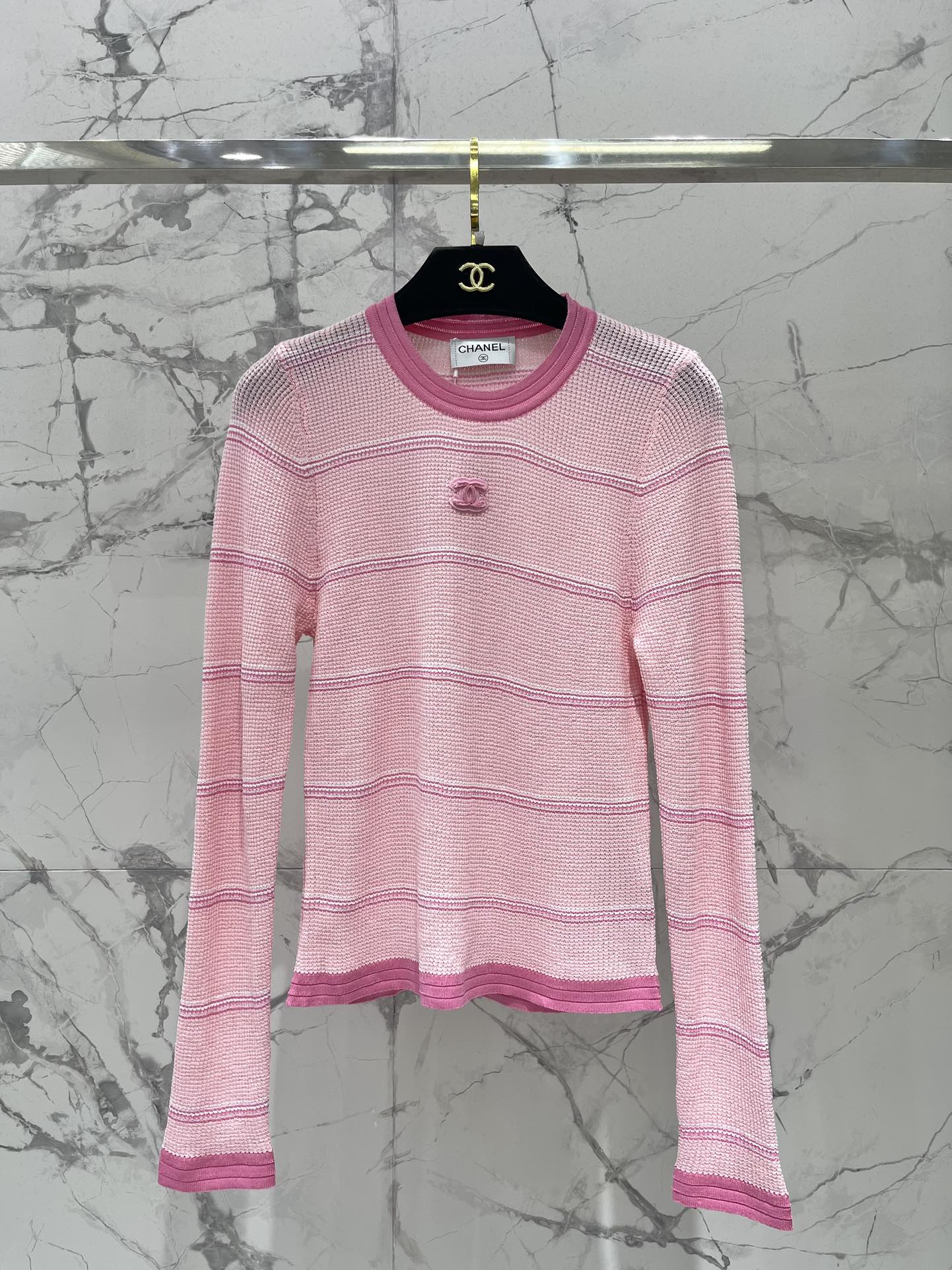 Chanel Pink Striped Knit Long Sleeve Top - Classic Style, Comfortable Fit 2 i1756522671 3587 0