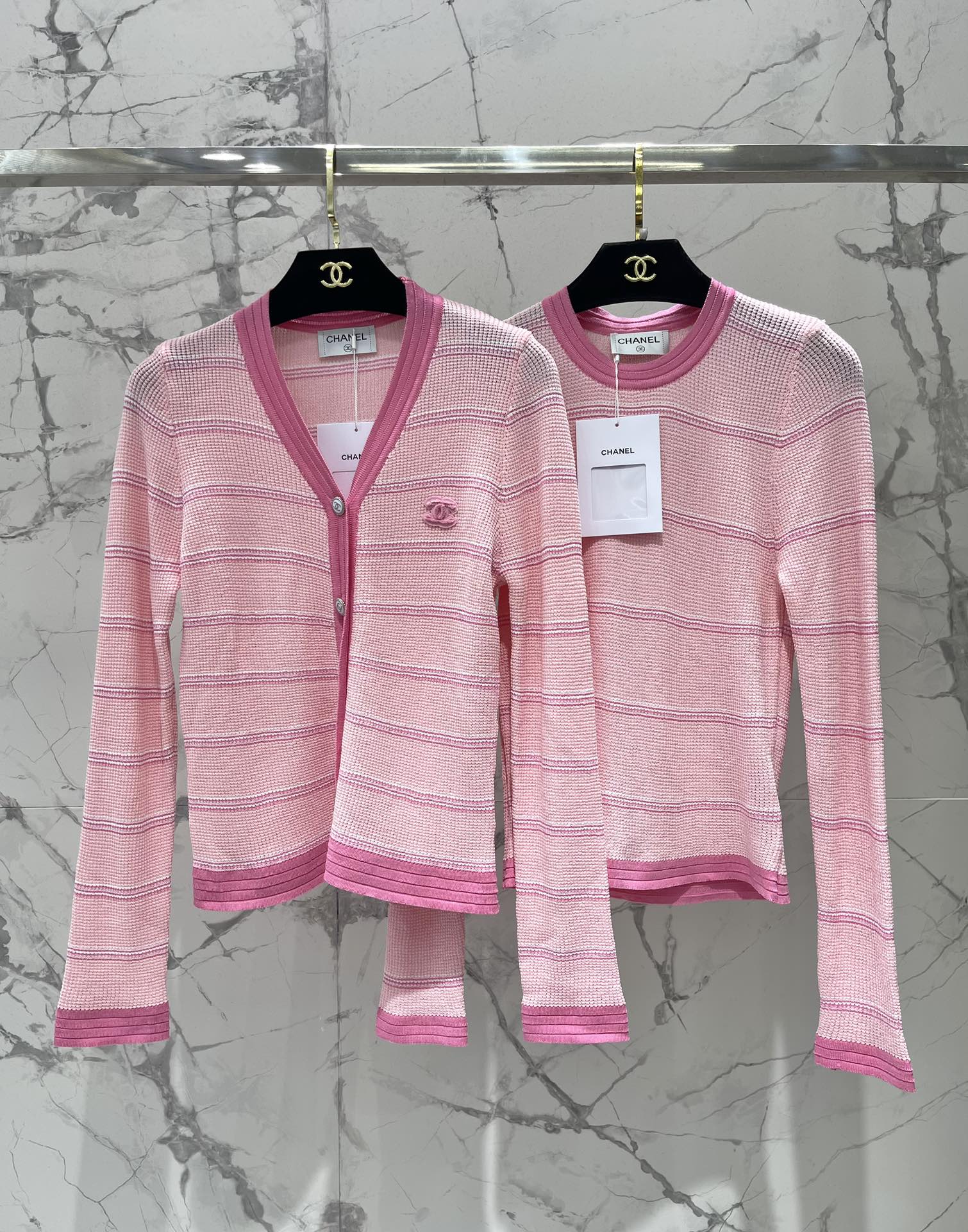 Chanel Pink Striped Knit Long Sleeve Top - Classic Style, Comfortable Fit 10 i1756522671 536 8