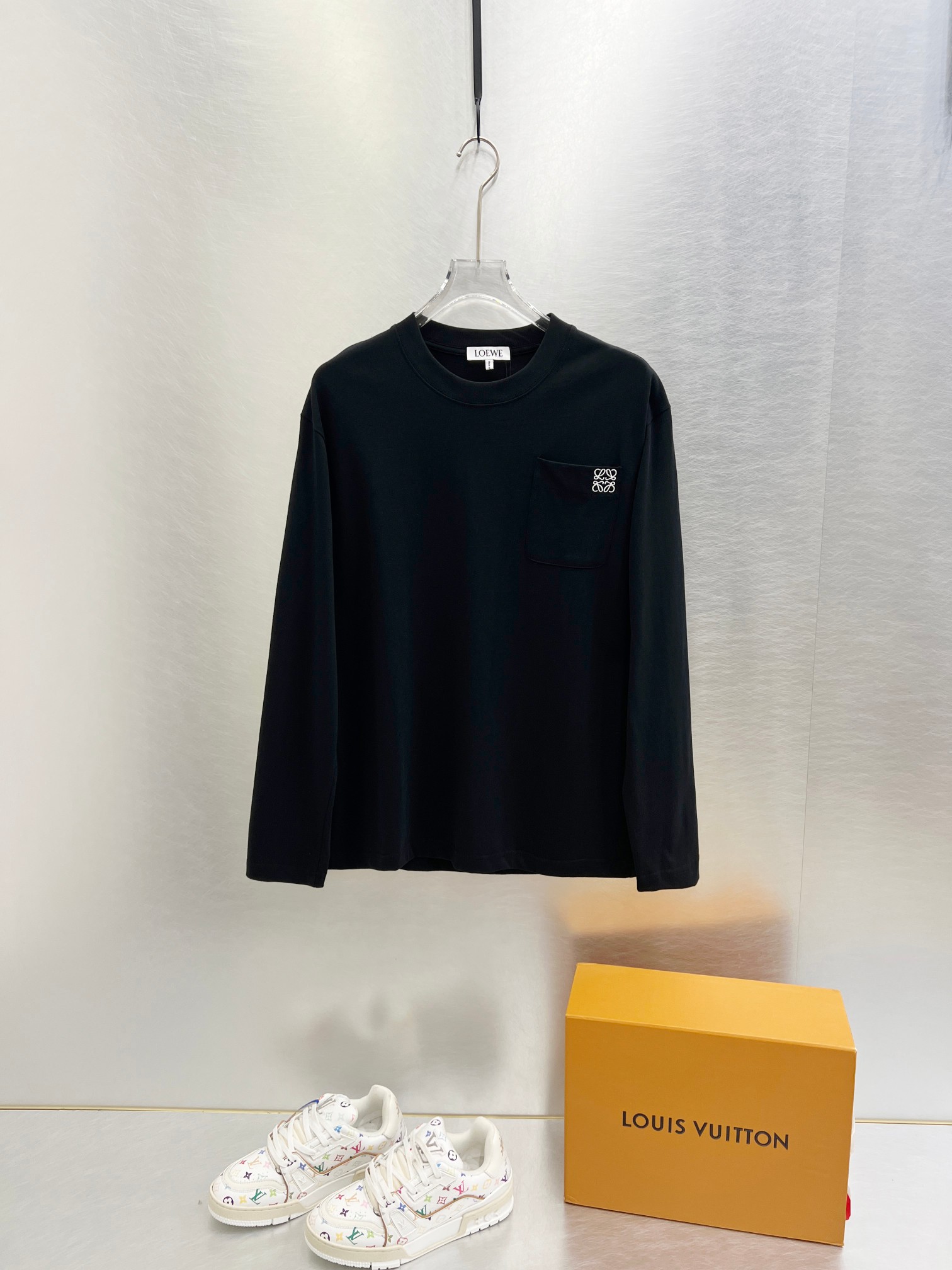 Loewe Men's Black Cotton Long Sleeve T-Shirt with Embroidered Logo