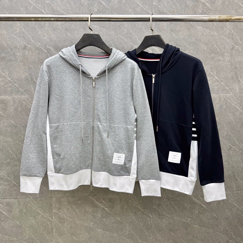 THOM BROWNE 汤姆布朗 TB白边侧四杠拉链连帽外套 男女同款情侣款连帽卫衣拉链开衫外套\n码数