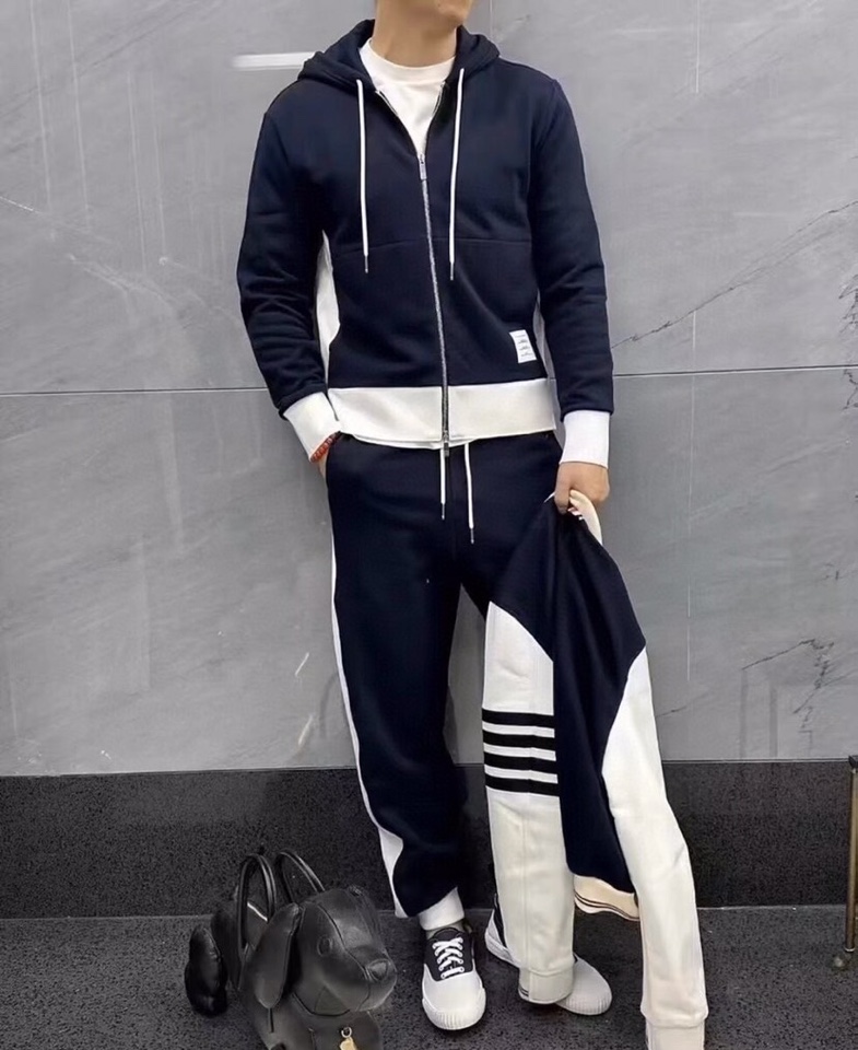 THOM BROWNE 汤姆布朗 TB白边侧四杠拉链连帽外套男女同款情侣款连帽卫衣拉链开衫套装\n码数：