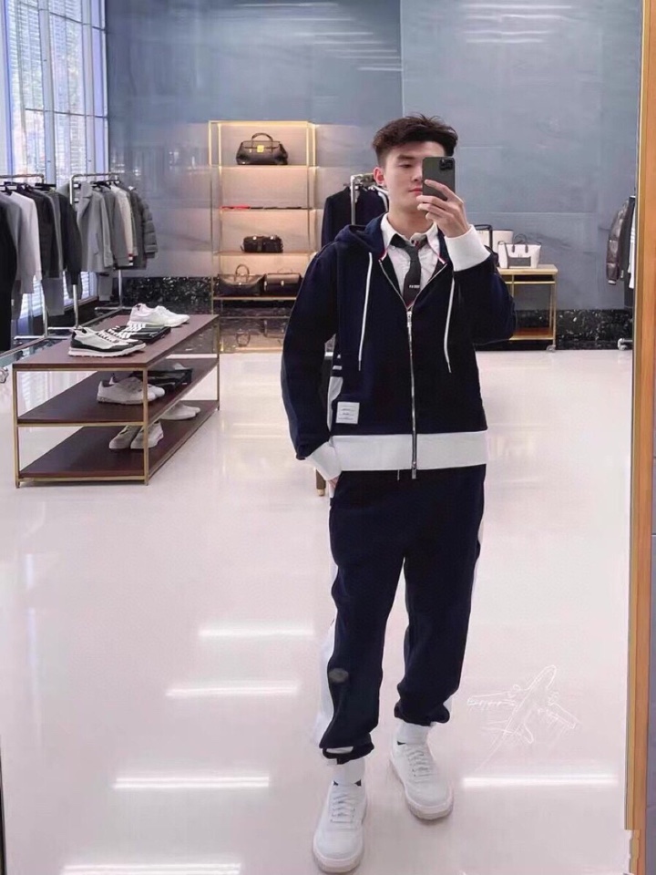 THOM BROWNE 汤姆布朗 TB白边侧四杠拉链连帽外套男女同款情侣款连帽卫衣拉链开衫套装\n码数：